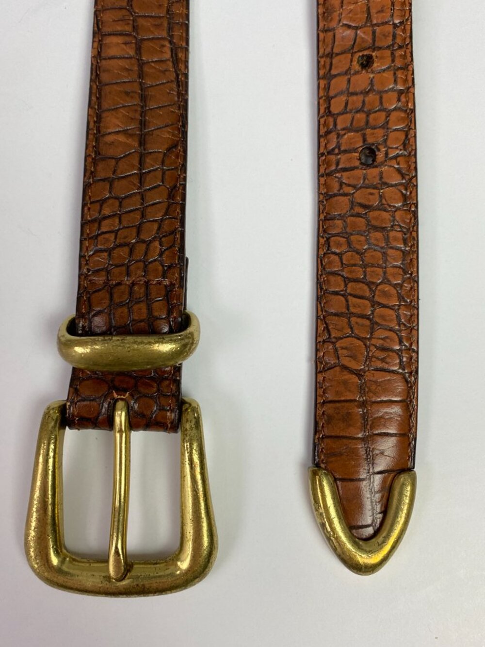 Vintage Orvis Crocodile Print Embossed Leather Belt Womens Large Bronw Made USA